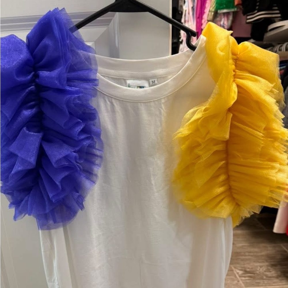 QOS White Tee with Purple and Yellow Ruffle Sleeves